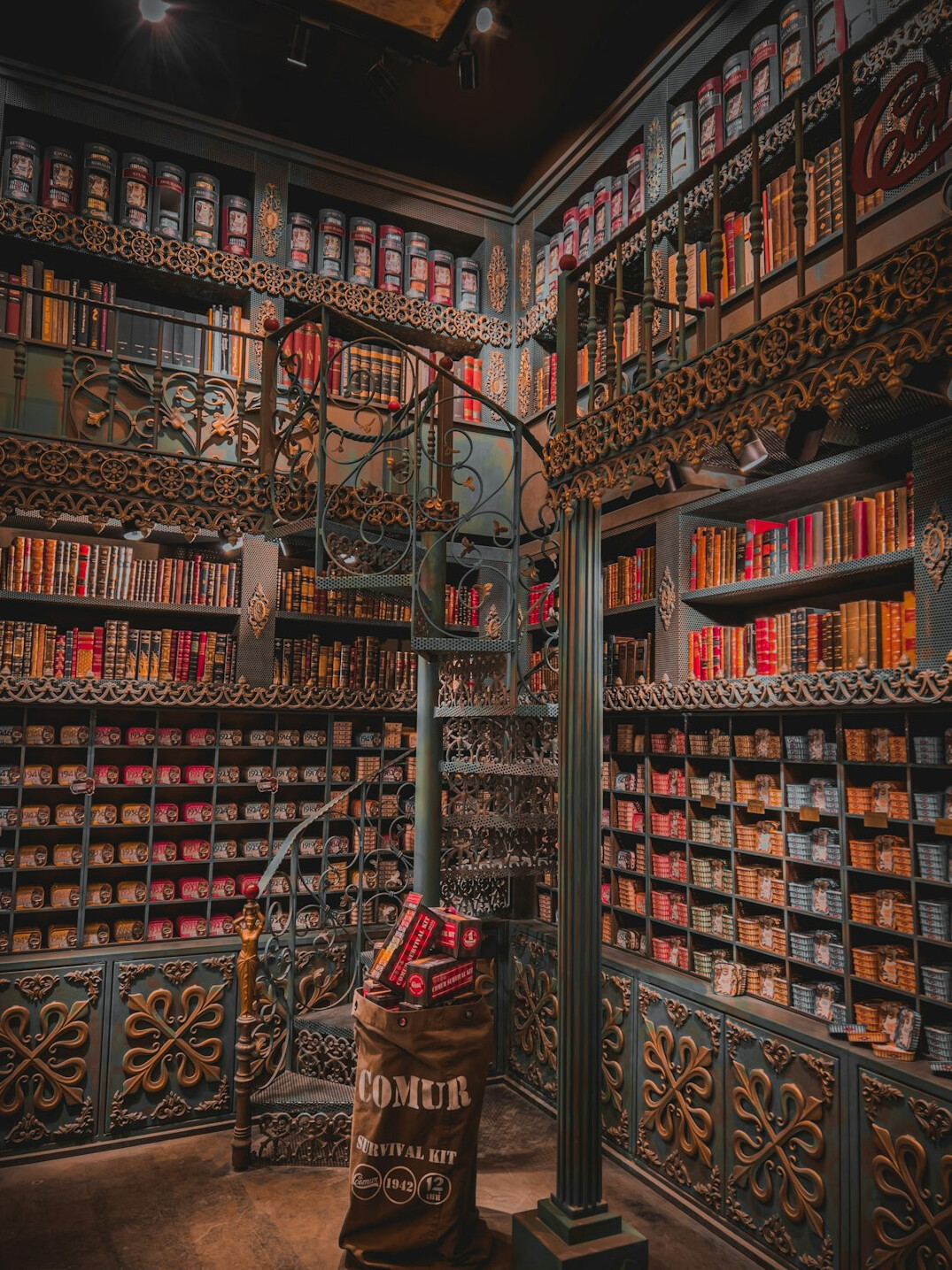 Atmospheric old library with tall shelves of books